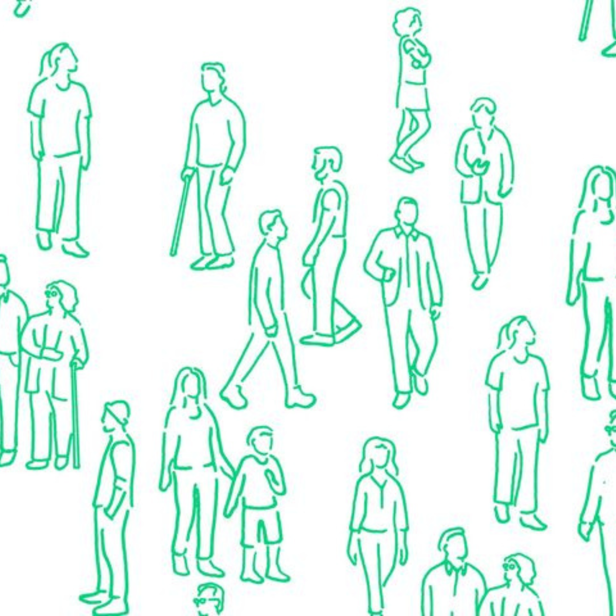 A crowd of people drawn with green outlines